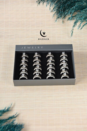 Kadın Taşlı Çift Yüzük Görünümlü Metal Yüzük Uzun Ömürlü,Şık Tasarım (24’lü kutu)