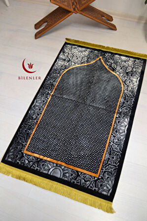 Lüks Kadife Seccade - 70x110 cm - Kalın Yumuşak Doku - Şık ve Konforlu-Siyah Desen