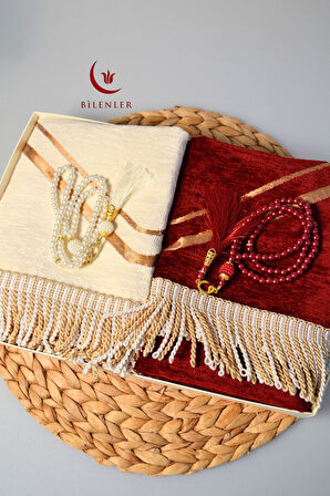 Çiftlere Özel Kalpli Kadife Eş Seccade ve Vav Detaylı İnci Tesbih Seti – Hediye Kutulu, Çeyizlik