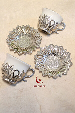 2’li Gümüş Desenli Zemzem Takımı ve Kahve Fincanı Seti | Metal Tabağı ve Fincan Altlığıyla Şık Sunum
