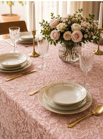 English Home Premium Seri Fisto Kenarlı Dantel Masa Örtüsü Pudra 150x150 cm 6-8 Kişilik