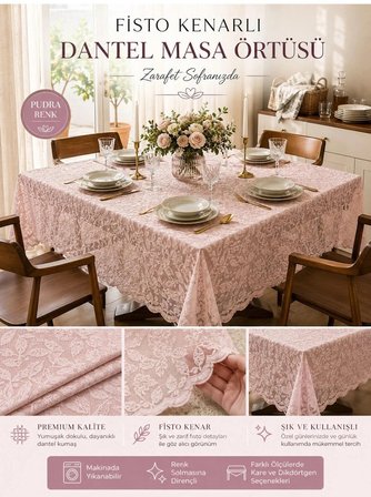 English Home Premium Seri Fisto Kenarlı Dantel Masa Örtüsü Pudra 150x150 cm 6-8 Kişilik