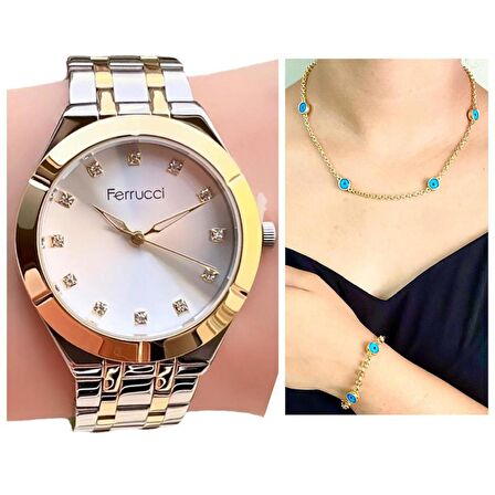Ferrucci 1. Sınıf Çelik Şık Kadın Kol Saat+Nazarlıklı Hediye Set