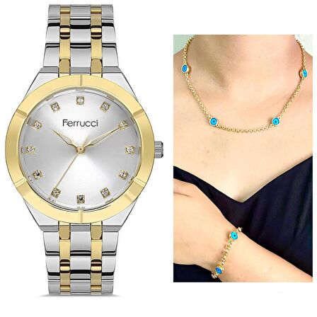 Ferrucci 1. Sınıf Çelik Şık Kadın Kol Saat+Nazarlıklı Hediye Set