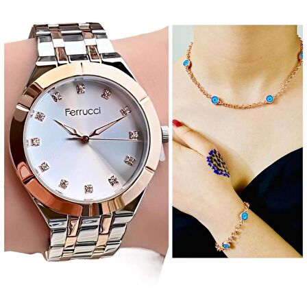 Ferrucci 1. Sınıf Çelik Şık Kadın Kol Saat+Nazarlıklı Hediye Set