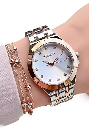 Ferrucci 1. Sınıf Çelik Şık Kadın Kol Saat+Nazarlıklı Hediye Set