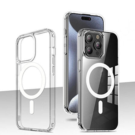 iPhone 15 Pro Max Kılıf Magsafe Şarj Özellikli Şeffaf Sert PC Embos Kılıf
