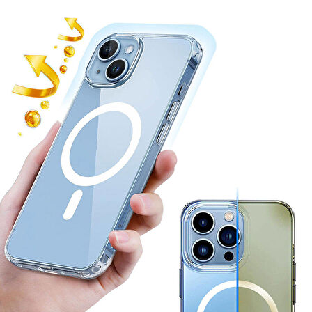 iPhone 15 Plus Kılıf Magsafe Şarj Özellikli Şeffaf Sert PC Embos Kılıf