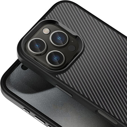 iPhone 16 Pro Max Kılıf Karbon Fiber Görünümlü Parlak Kamera Çerçeveli Venus Kılıf