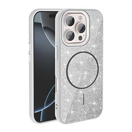 iPhone 16 Pro Max Kılıf Magsafe Şarj Özellikli Parlayan Simli Okso Kılıf