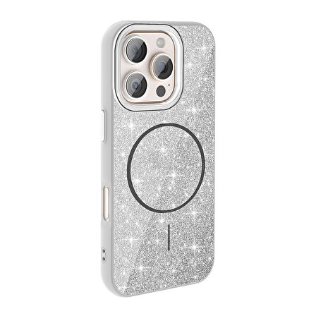iPhone 16 Pro Max Kılıf Magsafe Şarj Özellikli Parlayan Simli Okso Kılıf