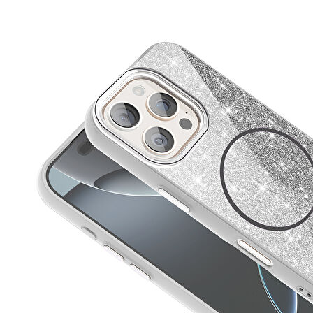 iPhone 16 Pro Max Kılıf Magsafe Şarj Özellikli Parlayan Simli Okso Kılıf