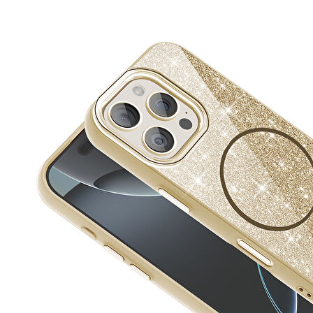 iPhone 16 Pro Max Kılıf Magsafe Şarj Özellikli Parlayan Simli Okso Kılıf