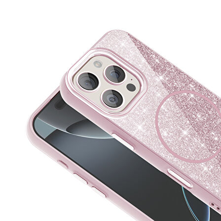 iPhone 16 Pro Kılıf Magsafe Şarj Özellikli Parlayan Simli Okso Kılıf
