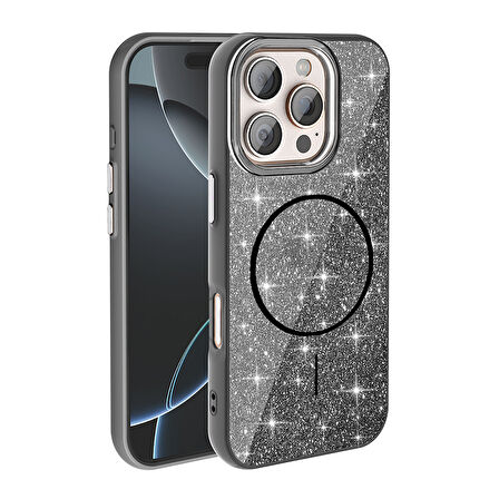 iPhone 16 Pro Kılıf Magsafe Şarj Özellikli Parlayan Simli Okso Kılıf