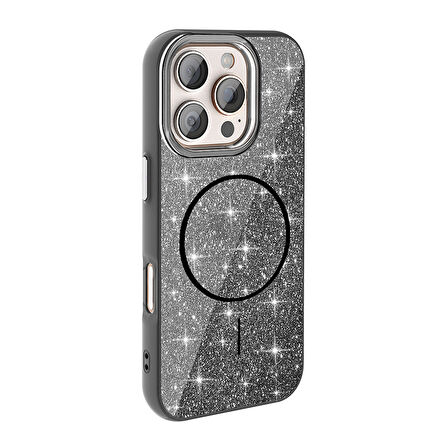iPhone 16 Pro Kılıf Magsafe Şarj Özellikli Parlayan Simli Okso Kılıf
