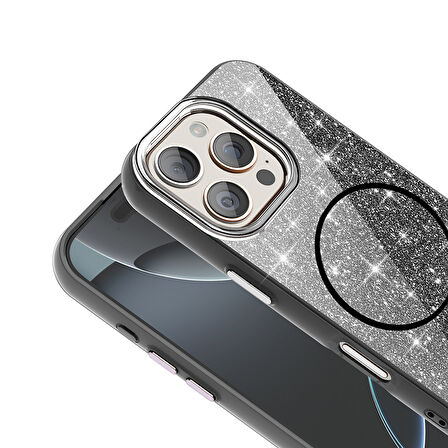 iPhone 16 Pro Kılıf Magsafe Şarj Özellikli Parlayan Simli Okso Kılıf