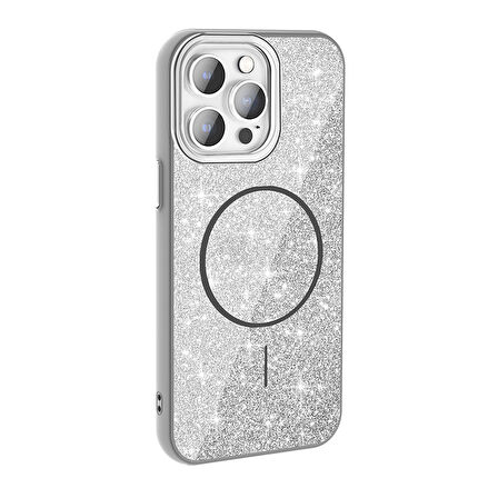 iPhone 14 Pro Max Kılıf Magsafe Şarj Özellikli Parlayan Simli Okso Kılıf