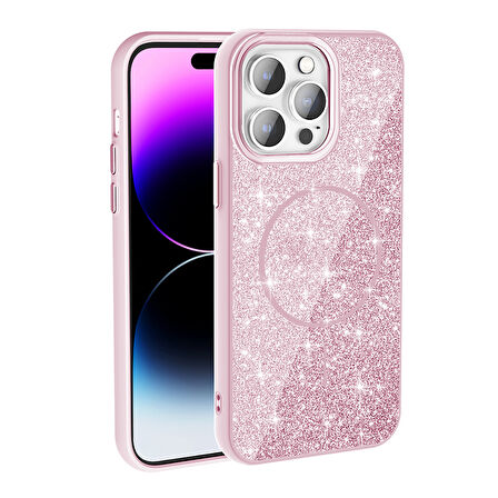 iPhone 14 Pro Max Kılıf Magsafe Şarj Özellikli Parlayan Simli Okso Kılıf