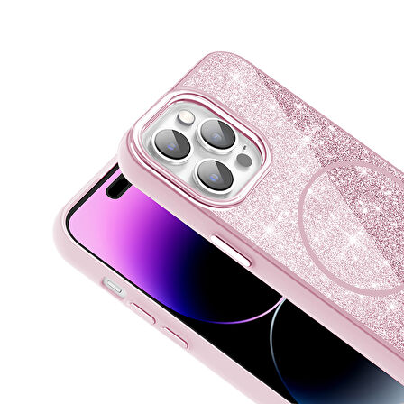 iPhone 14 Pro Max Kılıf Magsafe Şarj Özellikli Parlayan Simli Okso Kılıf