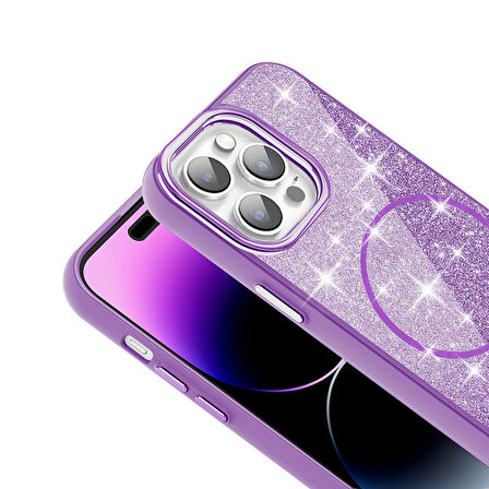 iPhone 14 Pro Max Kılıf Magsafe Şarj Özellikli Parlayan Simli Okso Kılıf