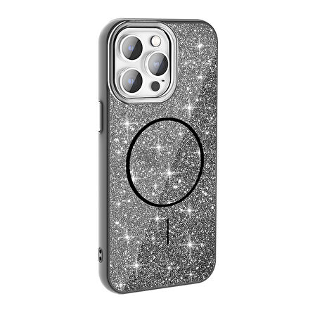 iPhone 14 Pro Max Kılıf Magsafe Şarj Özellikli Parlayan Simli Okso Kılıf