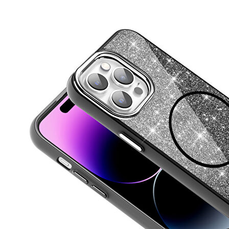 iPhone 14 Pro Max Kılıf Magsafe Şarj Özellikli Parlayan Simli Okso Kılıf