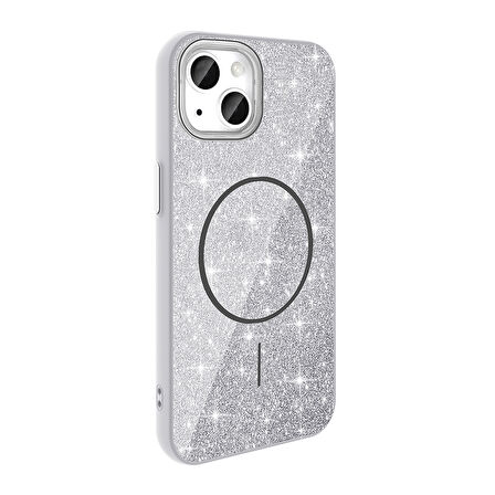 iPhone 14 Kılıf Magsafe Şarj Özellikli Parlayan Simli Okso Kılıf