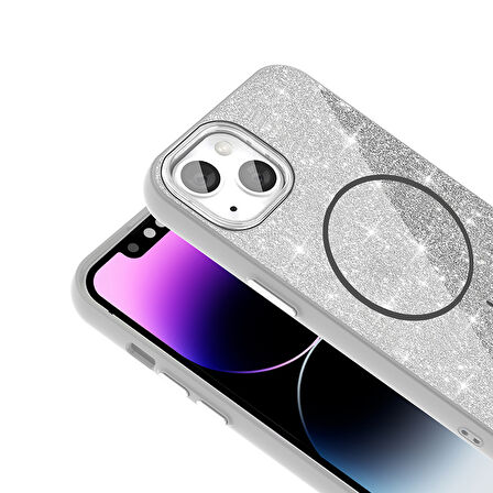 iPhone 14 Kılıf Magsafe Şarj Özellikli Parlayan Simli Okso Kılıf