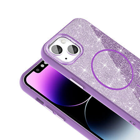 iPhone 14 Kılıf Magsafe Şarj Özellikli Parlayan Simli Okso Kılıf