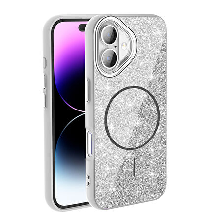 iPhone 16 Kılıf Magsafe Şarj Özellikli Parlayan Simli Okso Kılıf