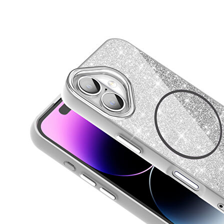iPhone 16 Kılıf Magsafe Şarj Özellikli Parlayan Simli Okso Kılıf