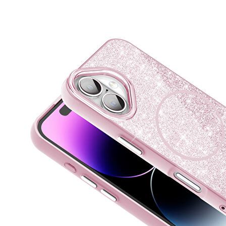 iPhone 16 Kılıf Magsafe Şarj Özellikli Parlayan Simli Okso Kılıf