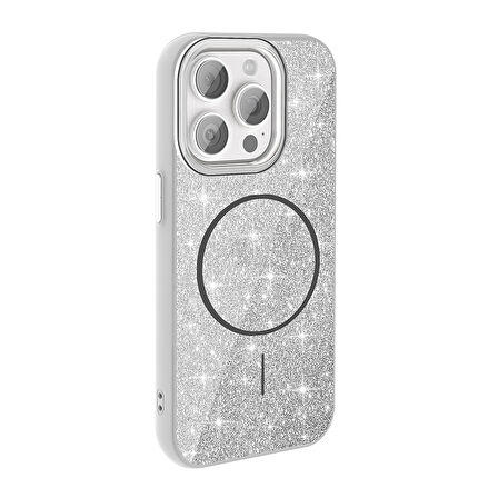 iPhone 15 Pro Max Kılıf Magsafe Şarj Özellikli Parlayan Simli Okso Kılıf
