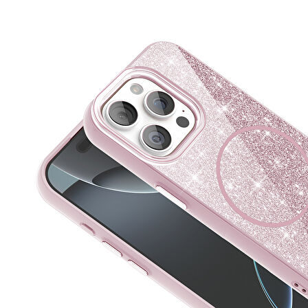 iPhone 15 Pro Max Kılıf Magsafe Şarj Özellikli Parlayan Simli Okso Kılıf