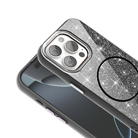 iPhone 15 Pro Max Kılıf Magsafe Şarj Özellikli Parlayan Simli Okso Kılıf