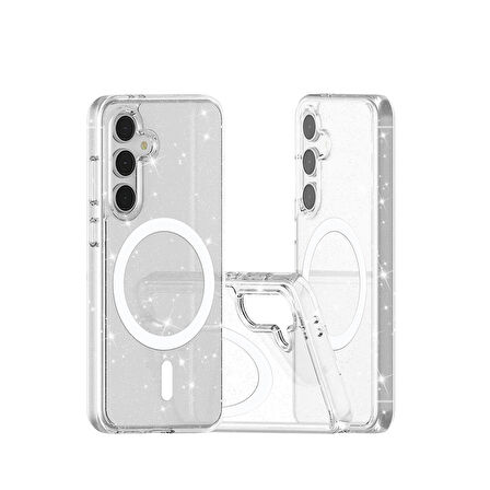 Galaxy S24 FE Kılıf Magsafe Şarj Özellikli Parlayan Simli Saydam Renkli Allstar Kılıf