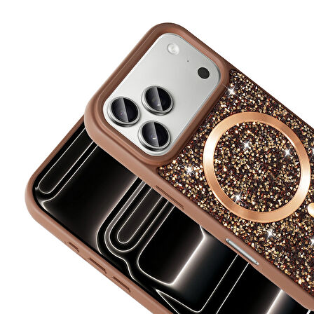 iPhone 17 Pro Kılıf Pırlanta Tasarımlı M-safe Şarj Özellikli Mozaik Silikon Kılıf