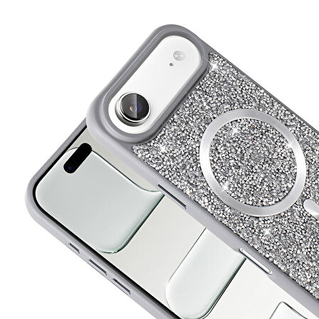 iPhone 17 Air Kılıf Pırlanta Tasarımlı M-safe Şarj Özellikli Mozaik Silikon Kılıf