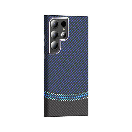 Galaxy S24 Ultra Kılıf M-safe Şarj Özellikli Karbon Fiber Görünümlü Gros Kılıf Siyah-Lacivert