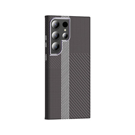 Galaxy S24 Ultra Kılıf M-safe Şarj Özellikli Karbon Fiber Görünümlü Gros Kılıf Gri-Siyah