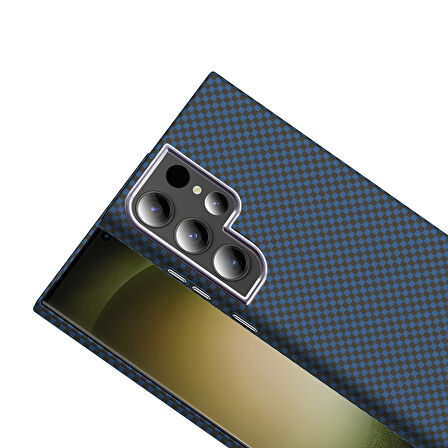 Galaxy S24 Ultra Kılıf M-safe Şarj Özellikli Karbon Fiber Görünümlü Gros Kılıf Lacivert