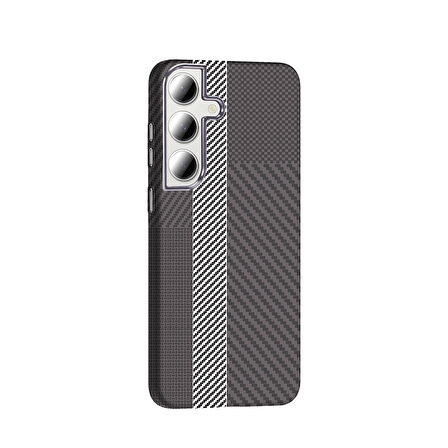 Galaxy S24 FE Kılıf M-safe Şarj Özellikli Karbon Fiber Görünümlü Gros Kılıf Gri-Siyah