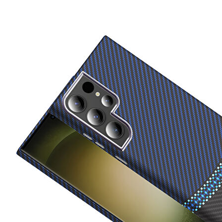 Galaxy S23 Ultra Kılıf M-safe Şarj Özellikli Karbon Fiber Görünümlü Gros Kılıf Siyah-Lacivert