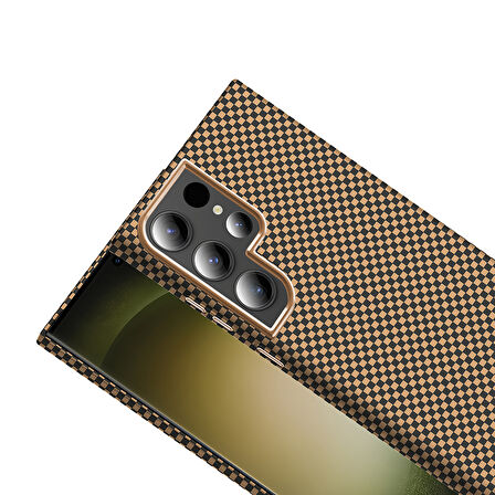 Galaxy S23 Ultra Kılıf M-safe Şarj Özellikli Karbon Fiber Görünümlü Gros Kılıf Desert Titanyum