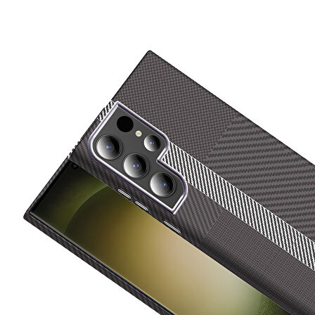 Galaxy S23 Ultra Kılıf M-safe Şarj Özellikli Karbon Fiber Görünümlü Gros Kılıf Gri-Siyah