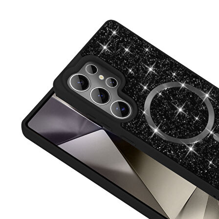 Galaxy S25 Ultra Kılıf Pırlanta Tasarımlı M-safe Şarj Özellikli Mozaik Silikon Kılıf