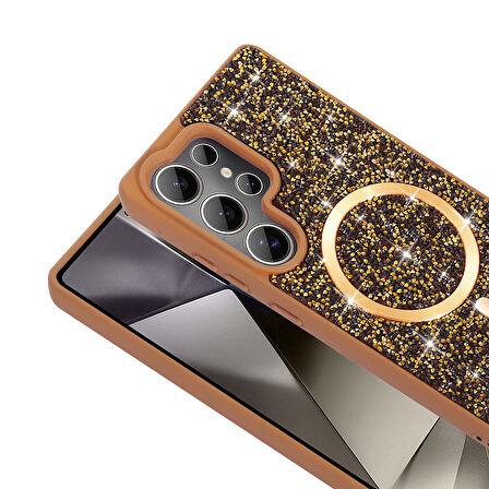 Galaxy S25 Ultra Kılıf Pırlanta Tasarımlı M-safe Şarj Özellikli Mozaik Silikon Kılıf