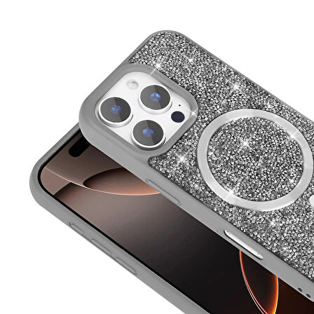 iPhone 16 Pro Max Kılıf Pırlanta Tasarımlı M-safe Şarj Özellikli Mozaik Silikon Kılıf