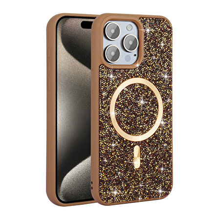iPhone 15 Pro Kılıf Pırlanta Tasarımlı M-safe Şarj Özellikli Mozaik Silikon Kılıf